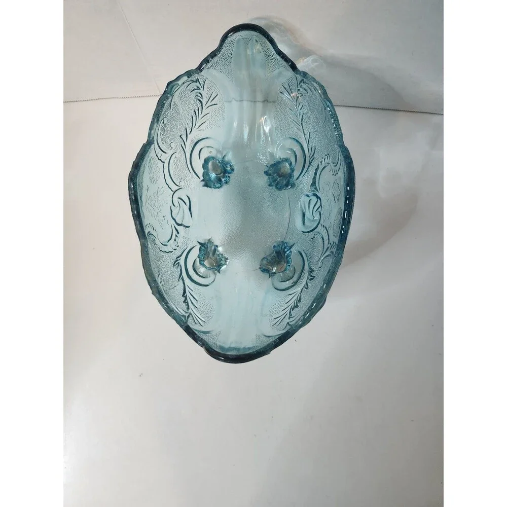 Vintage Glass Blue Center Table Bowl Footed Leaf Design